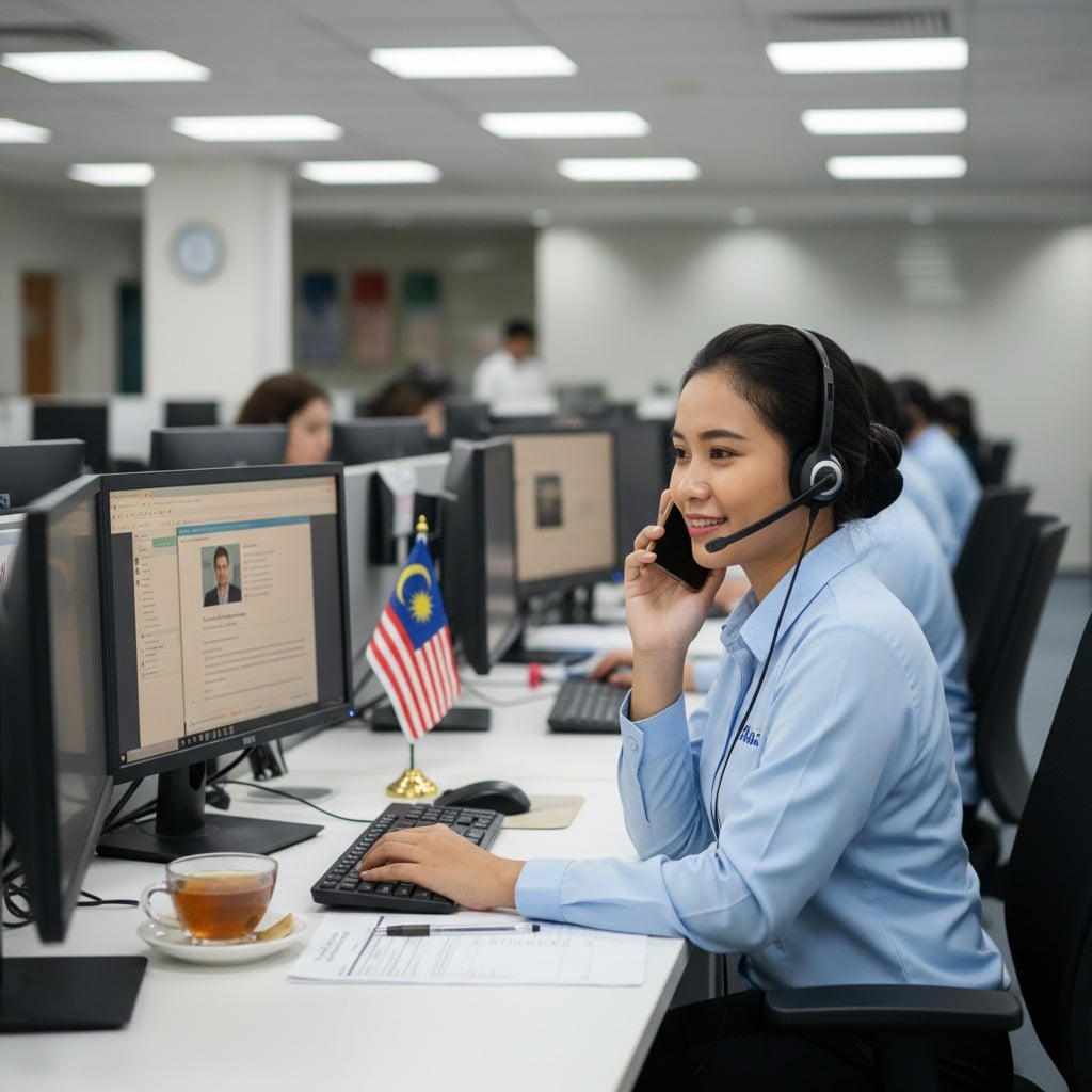 A customer service representative wearing a headset smiles while talking on a smartphone at her desk in a modern office.