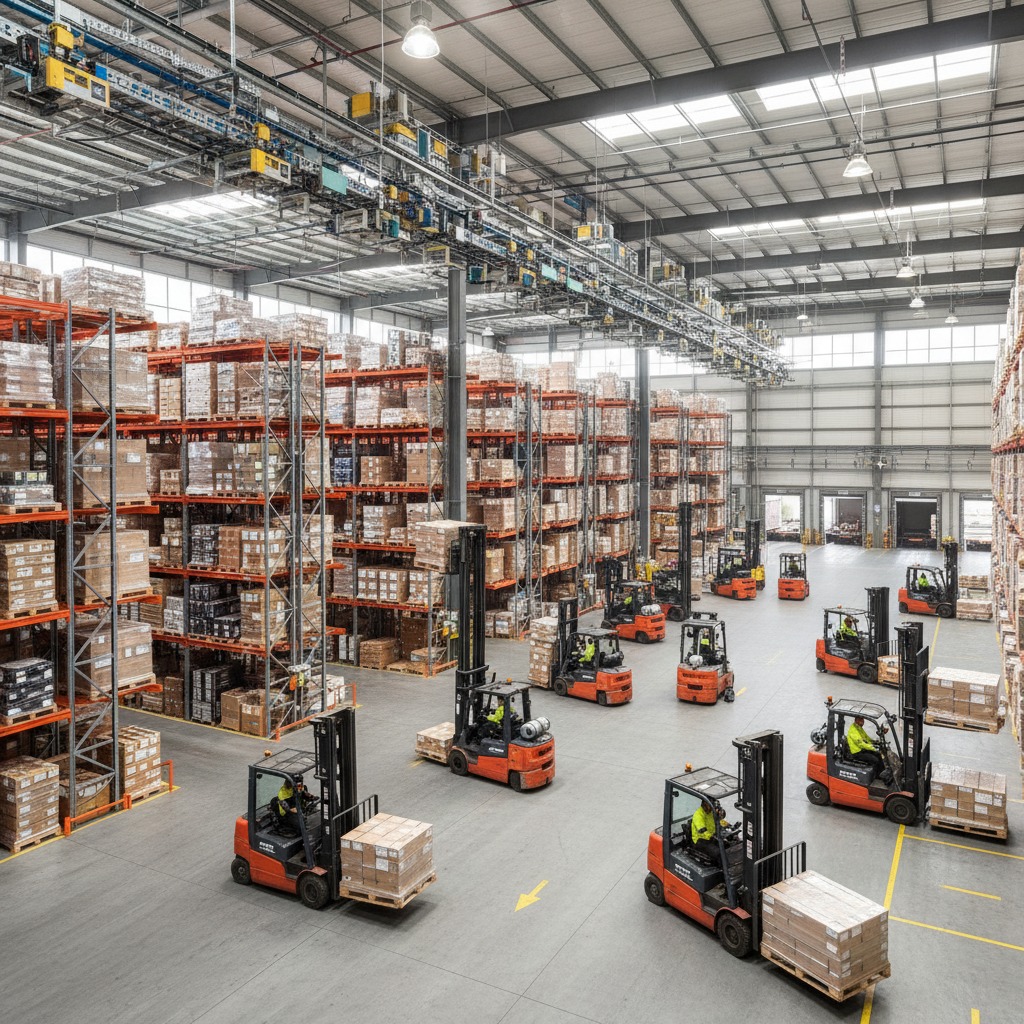 Multiple orange forklifts operate inside a large, brightly lit warehouse with towering metal shelves stacked high with cardboard boxes.