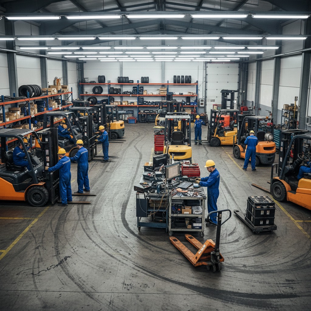 Multiple workers in blue uniforms and hard hats operate forklifts and work at a maintenance station in a large warehouse.